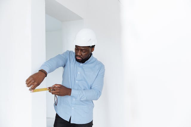 Person inspecting a wall beam